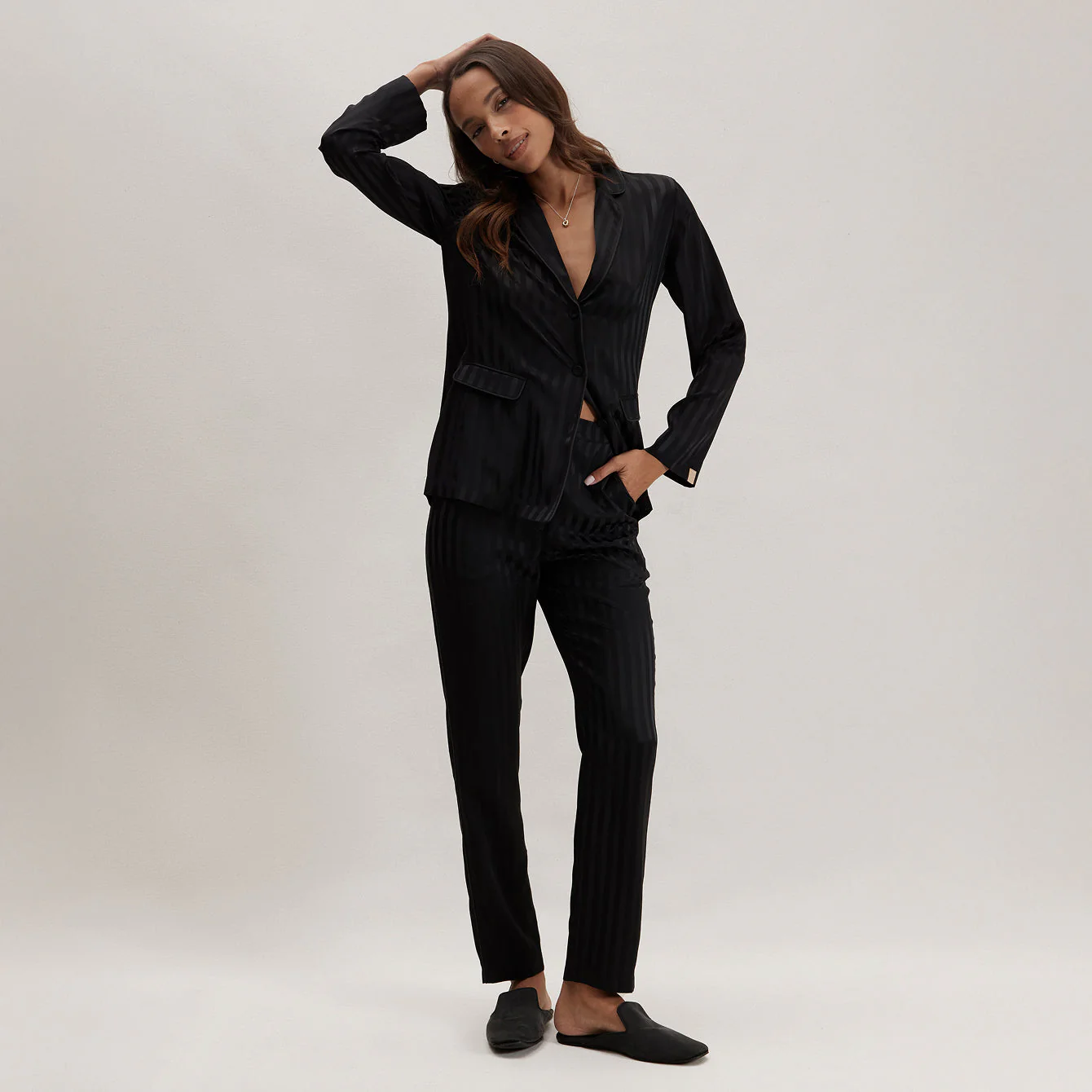 Silk Striped Jacquard Tuxedo Pajama Set - Image 6