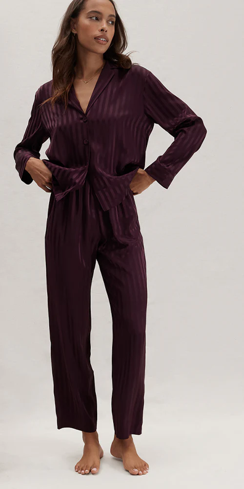 Washable Silk Striped Jacquard Long Sleeve Pant Set