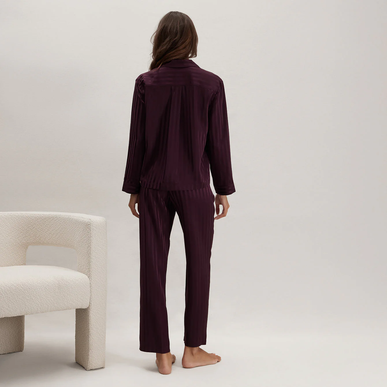 Washable Silk Striped Jacquard Long Sleeve Pant Set - Image 3